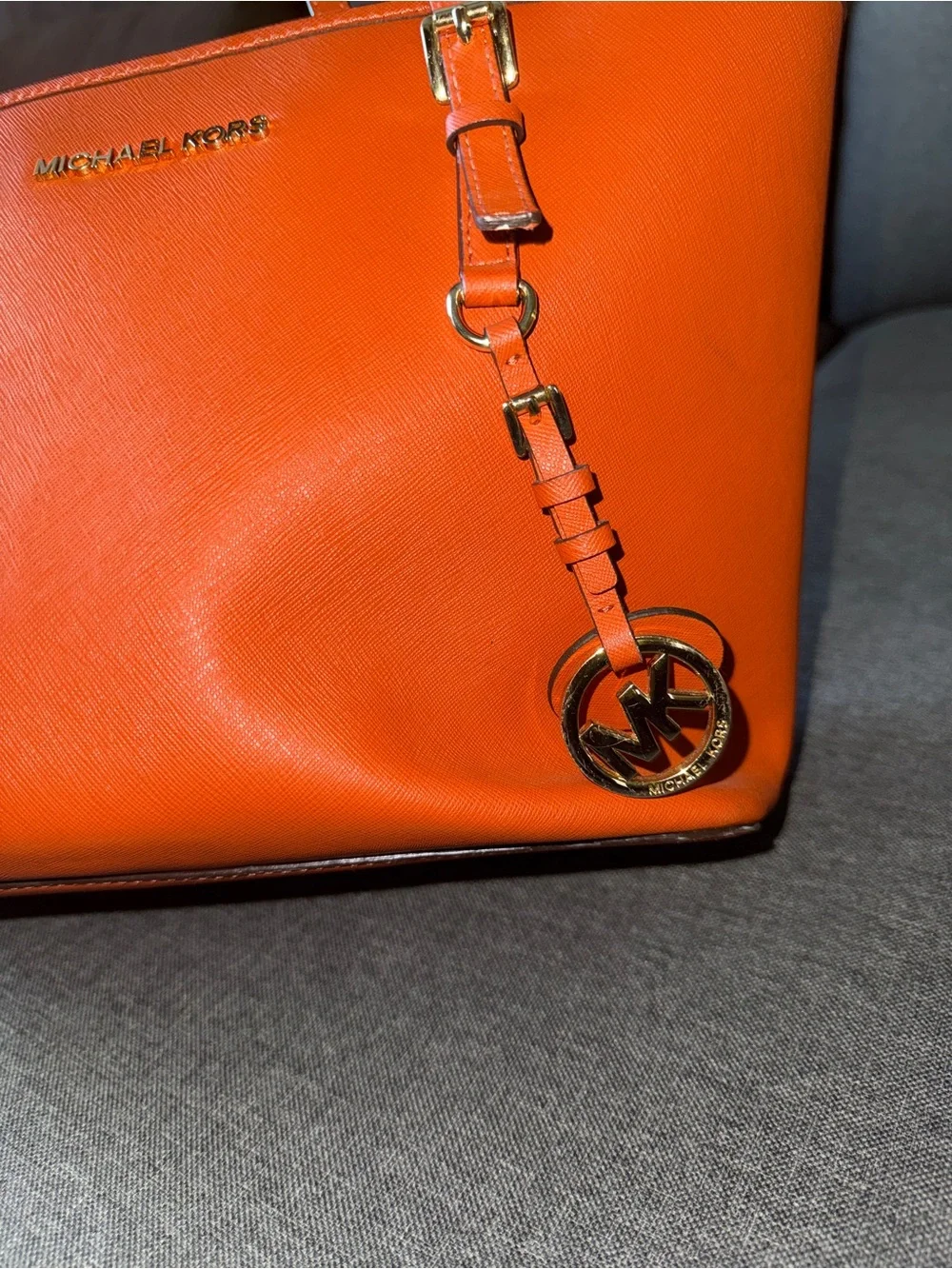 Michael Kors Orange Leather Tote with Gold MK Charm